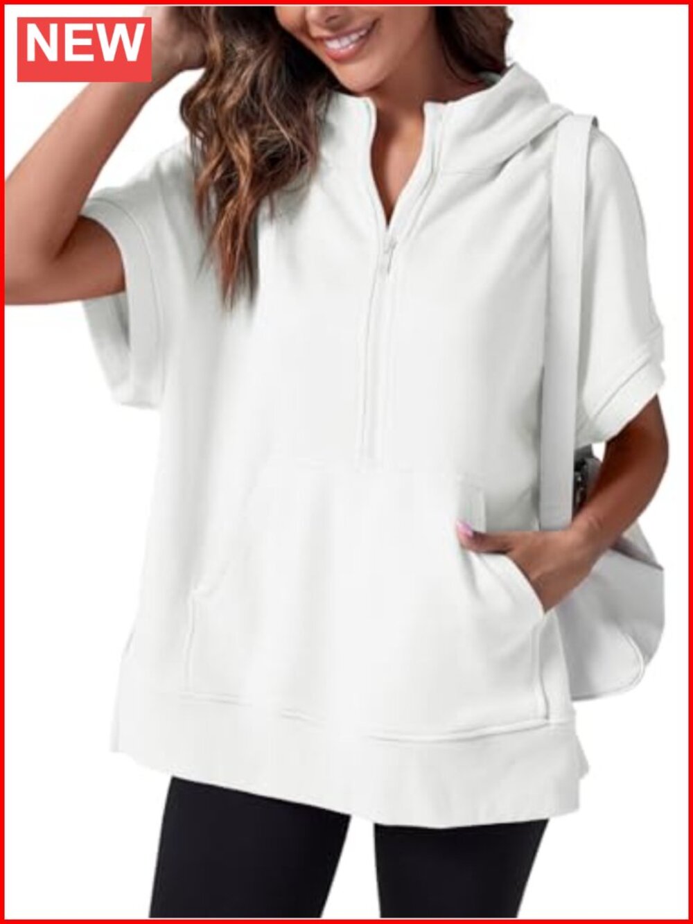 Womens Oversized Half Zip Hoodie Short Sleeve Casual Sweatshirt Pullover with